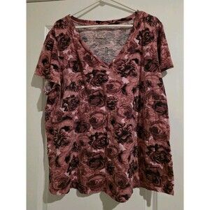 Torrid V-Neck Classic Fit Short Sleeve Cotton Tee Pink Black Roses Floral 3X